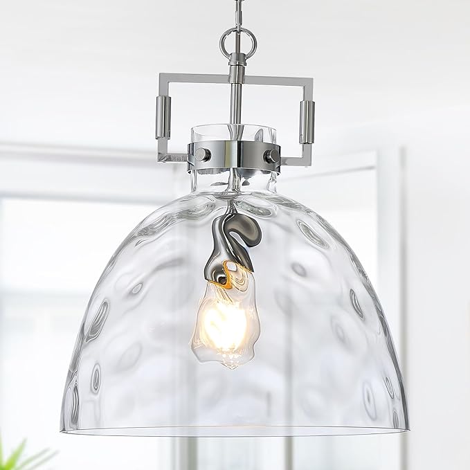 Glass Pendant Light, 13.8 Inch Single Hanging Ceiling Light with Adjustable Chain, E26 Base Oversized Hammered Clear Glass Kitchen Island Pendant Lighting in Polished Chrome for Dining Room, Entryway