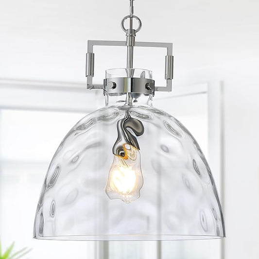 Glass Pendant Light, 13.8 Inch Single Hanging Ceiling Light with Adjustable Chain, E26 Base Oversized Hammered Clear Glass Kitchen Island Pendant Lighting in Polished Chrome for Dining Room, Entryway