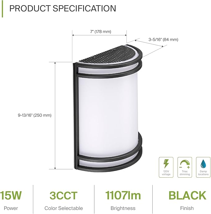 ASD LED Indoor Wall Mount Light Fixture - 10 Inch 15W Modern Interior Matte Black Dimmable Wall Sconce Light - ETL 3000K 4000K 5000K Adjustable - Hallway, Bedroom LED Wall Lights