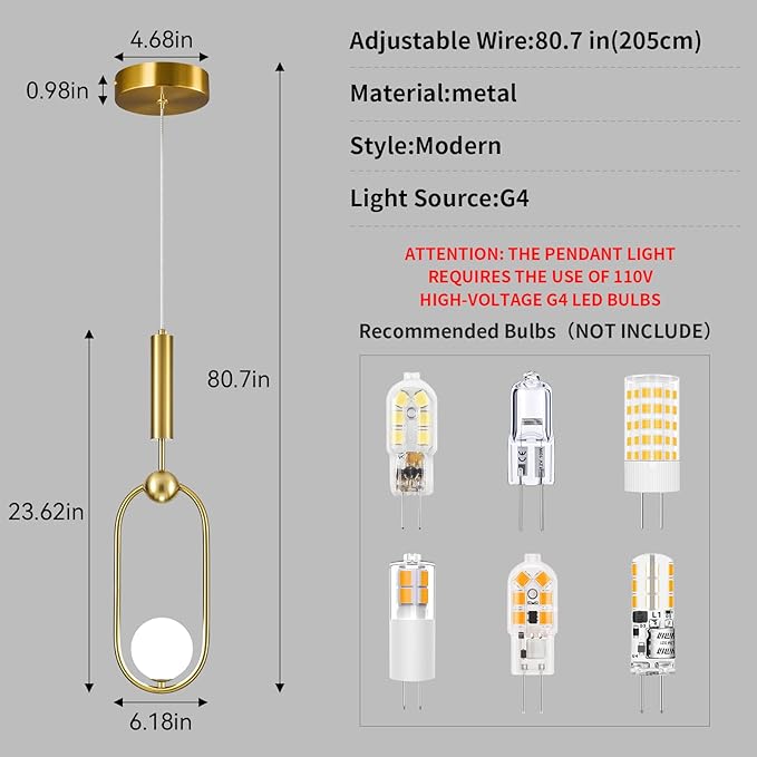 Modern Oblong Glass Pendant Light fixtures 1-Light, Simplicity Gold Pendant Lighting, Mid Century Chandelier for Kitchen Island Dining Room Bedroom Entryway Hallway(1-Pack)