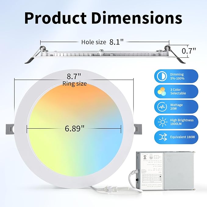 LZHOME 24 Packs 8 Inch Recessed LED Light: Ultra Thin LED Recessed Lighting with Junction Box, 3000K/4500K/6000K Selectable,Ceiling Light, High Brightness 1800LM Dimmable Canless LED Downlight