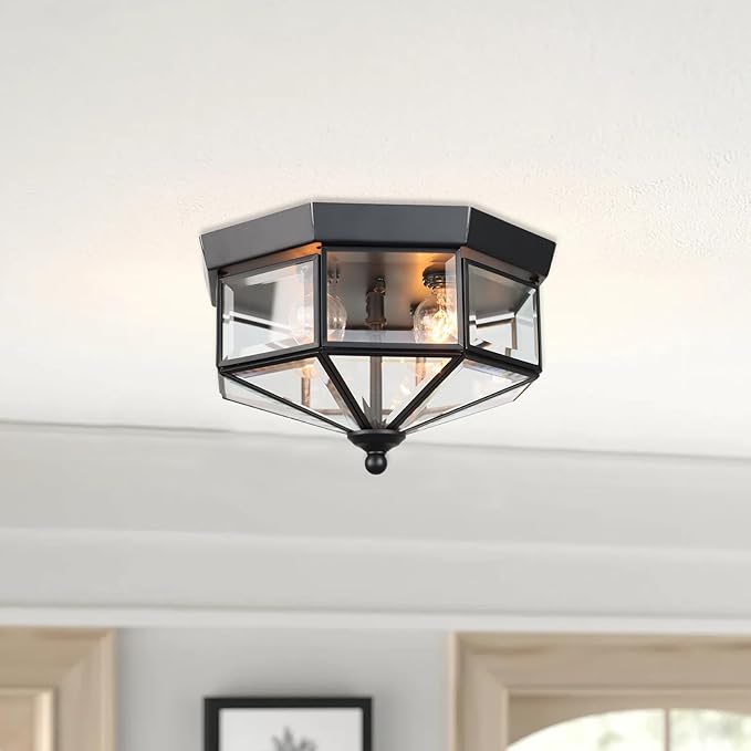 Flush Mount Outdoor Ceiling Light Fixture, 4 Light Exterior Porch Ceiling Lights with Clear Glass, Black Farmhouse Lighting for Indoor Hallway Kitchen Stairway (E12 Base)