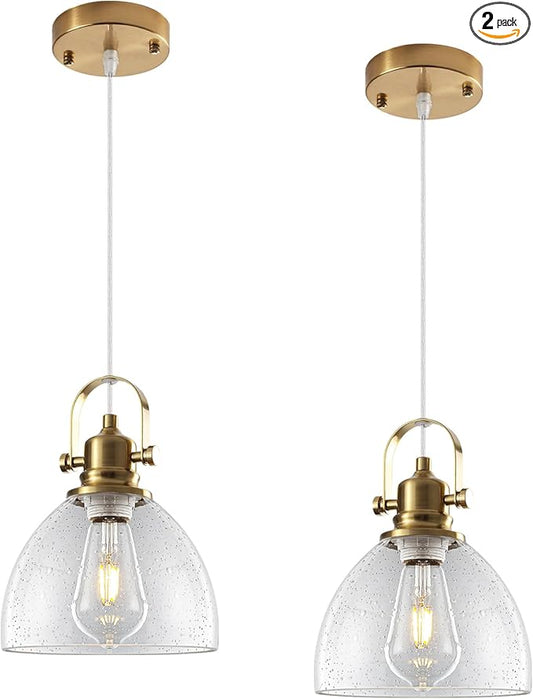 Gold Pendant Lights 2 Pack, 7.5 Inch Seeded Glass Pendant Light, Gold Farmhouse Pendant Light Kitchen Island, Glass Kitchen Pendant Lights for Kitchen Island, Dining Room, Living Room