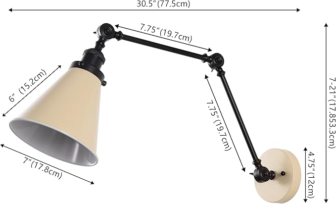 JONATHAN Y 7" Almond/Black Classic Industrial Metal Adjustable Arm LED Wall Sconce for Bedside Reading, Farmhouse Swing Arm Wall Lamp with Metal Shade, Hardwired (JYL7462F-SET2)