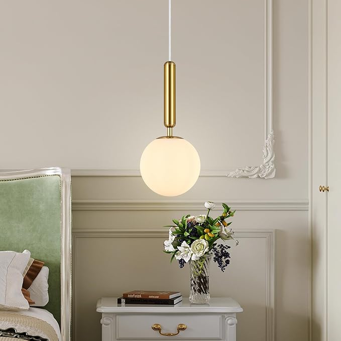 Modern Hanging Light Fixture Pendant Lighting for Kitchen Island Mid Century Gold Pendant Lights with Globe Milky White Glass Pendant Light for Bedroom Bathroom Entryway (3 Pack)