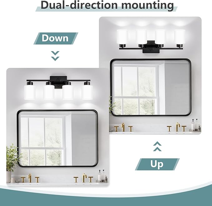 Black Bathroom Light Fixtures, 4-Light Modern Vanity Lights with Milky White Frosted Glass Shades, Wall Sconces for Mirror, Bathroom, Restroom (E26 Socket)