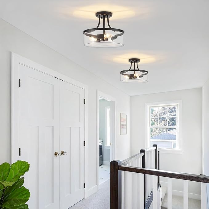TOULMJ Black Semi Flush Mount Ceiling Light, 11.81" Glass Drum Light Fixture, 3-Light Modern Hallway Light Fixture for Kitchen Entryway Bedroom Foyer Laundry Dining Room