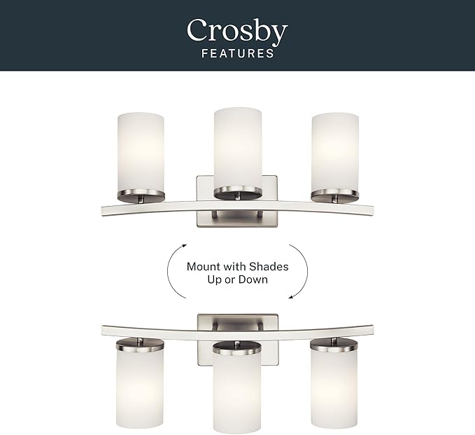 Kichler Crosby 23" Vanity Light in Brushed Nickel, 3-Light Contemporary Bathroom Light with Satin Etched Cased Opal Glass, (23" L x 8.75" H), 45497NI