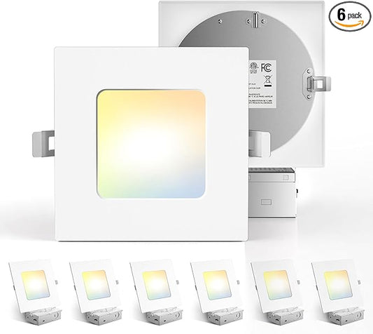 Amico 6 Pack 6 Inch Ultra-Thin LED Square Recessed Light with Junction Box, 5CCT 2700K/3000K/3500K/4000K/5000K Selectable, 1050LM Brightness, Dimmable Canless Wafer Downlight, 12W, ETL&FCC