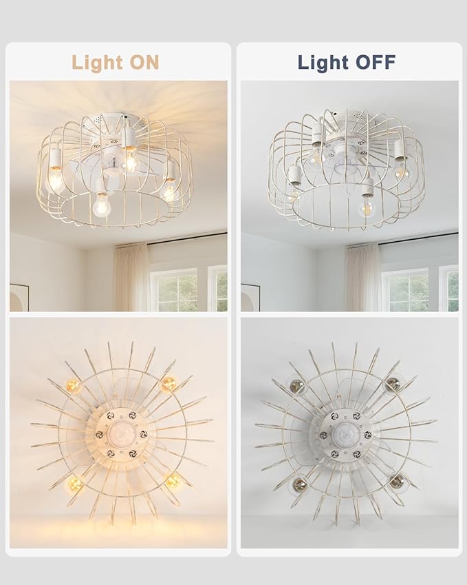 18inch White Gold Caged Ceiling Fan Light,Flush Mount Chandelier Industrial Ceiling Fan,Farmhouse Fan Lights Ceiling Fixtures for Kitchen,Bedroom,Outdoor(6 Speed,Timing with Remote)