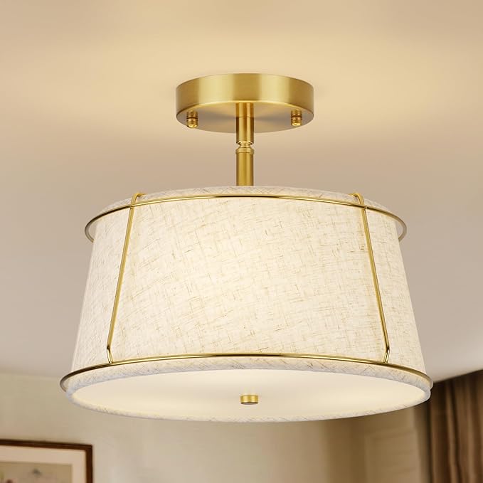 13'' Semi Flush Mount Ceiling Light Fixture,3-Light Gold Light Fixtures Ceiling Mount with Linen Drum Fabric Shade,Modern Close to Ceiling Lamp for Bedroom Dining Room Kitchen Hallway (Adjustable)