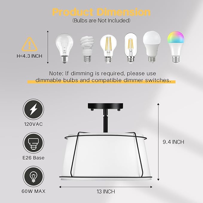 13'' Semi Flush Mount Ceiling Light Fixture, 3-Light Black Light Fixtures Ceiling Mount with White Drum Fabric Shade,Modern Close to Ceiling Light for Bedroom Dining Room Kitchen Hallway (Adjustable)