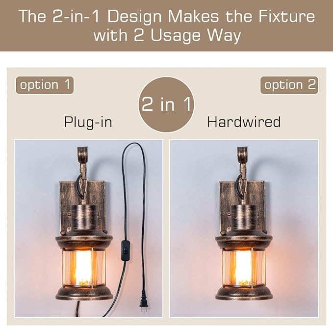 Yisuro Rustic Wall Light, 2-in-1 Antique Bronze Vintage Wall Light Fixture Plug in Industrial Glass Shade Lantern Lighting Retro Lamp Metal Wall Sconce for Home Bedroom Dining Room café(1 Pack)