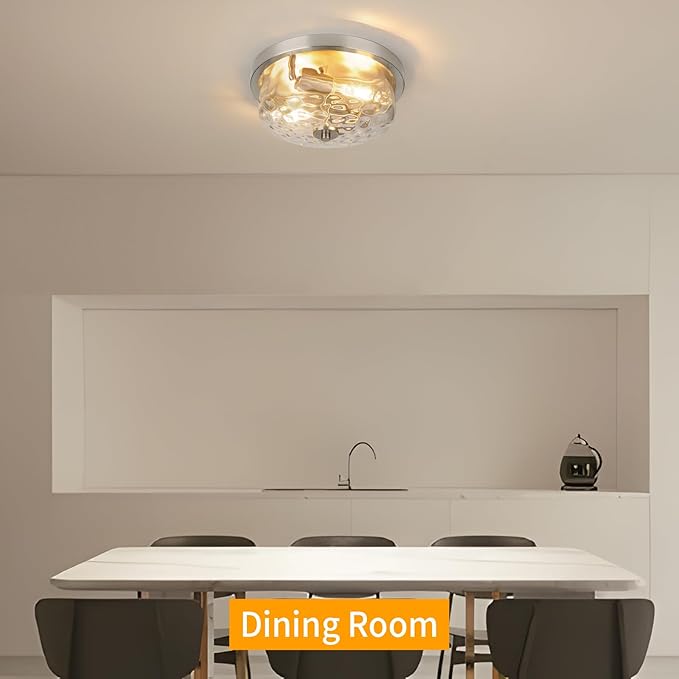Brushed Nickel Flush Mount Light, Kitchen Ceiling Fixture with Water Ripple Glass Shade, 2-Light Outdoor Porch Flush Mounts for Hallway, Foyer, Entryway, Bathroom