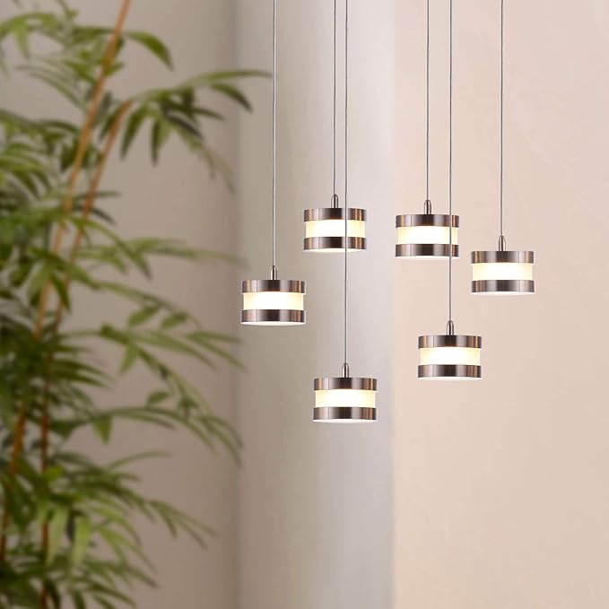 Mercury 6 Mini Pendant Lighting Nickel - LED Hanging Light Fixture for Kitchen Island, Bar, Foyer - Cluster Pendants - Dimmable, Adjustable Wire, Lamp Bulb Included