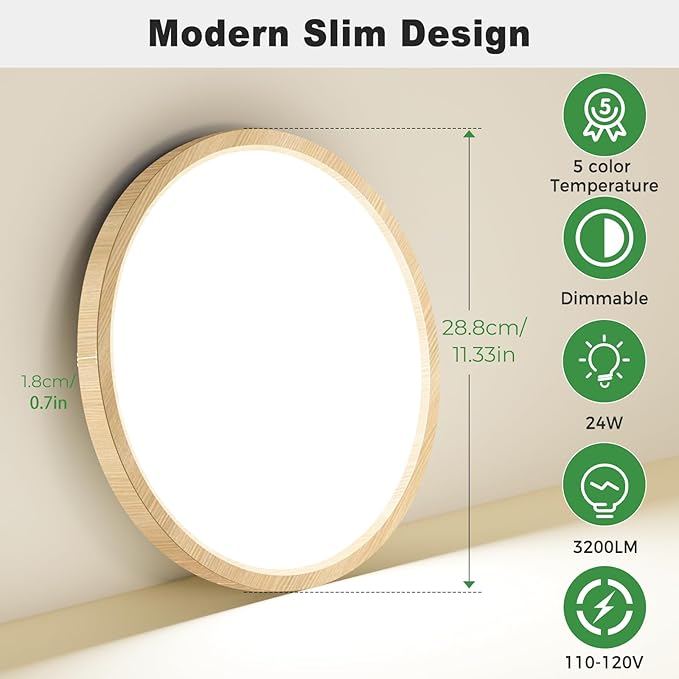 zemty 1Pack 12 inch Faux Wood LED Flush Mount Ceiling Lights, Dimmable 5 Color Temp (3000K-6500K), 24W 2400LM Bright Round Light Fixture for Livingroom Bedroom Diningroom Kitchen