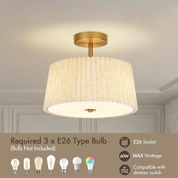13 Inch Linen Pleated Semi Flush Mount Ceiling Light Fixture, Modern Cone Drum Dimmable Lamp for Bedroom, Kitchen, Dining Room, Hallway, Nursery, Entryway, Foyer Lighting, Gold