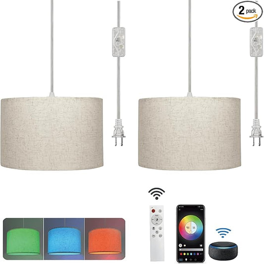 Hanging Lamp Plug in Pendant Light 2 Pack with Remote Control, 15Ft Hanging Lights with Plug in Cord Beige Lamp Shade Plug in Ceiling Light with Cord for Bedroom, Kitchen, Living Room, Dining Table
