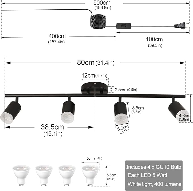 Plug in Track Lighting Kit, 80cm LED 4 Light Kitchen Track Lighting, Corded Wall Light with 16.4ft Cord, 4 Way Ceiling Spot Lighting Flexibly Rotatable Head Includes 4xGU10 Bulb (4 Black-Acrylic-80cm)