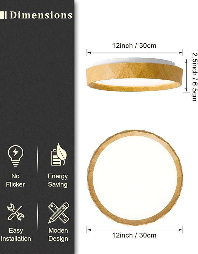 ANYLOVE 15 inch LED Flush Mount Ceiling Light Fixture,3000K 4000K 5000K Adjustable Ceiling Lights, Farmhouse Oak Wood Grain Ceiling Light for Bedroom Hallway Bathroom Kitchen