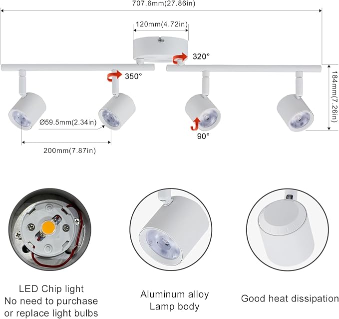 Arcfox 30W 4 Light LED Track Lighting Fixtures Ceiling Spotlight 3000K Warm White Dimmable Flexibly Rotatable Light Head ETL, 24°, CRI90 for Kitchen Accent Task Lighting White (4 Head)