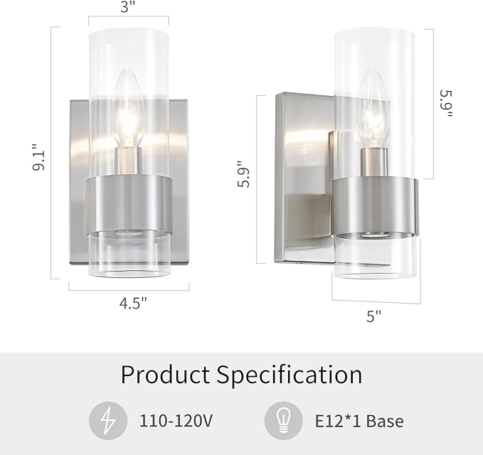 WUZUPS Set of 2 1-Light Bathroom Wall Light Fixture Over Mirror Flat Class Shade Morden Vanity Scones for Bathroom Bedroom Living Room, E12 Base, Brushed Nickel