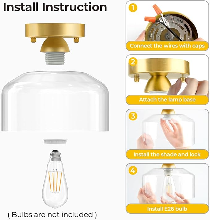 LACCEN Semi Flush Mount Ceiling Light Brushed Gold - Clear Glass Pendant Lamp Shade, Modern Farmhouse Light Fixture for Hallway Corridor Kitchen Entryway Bedroom, Bulb Not Included