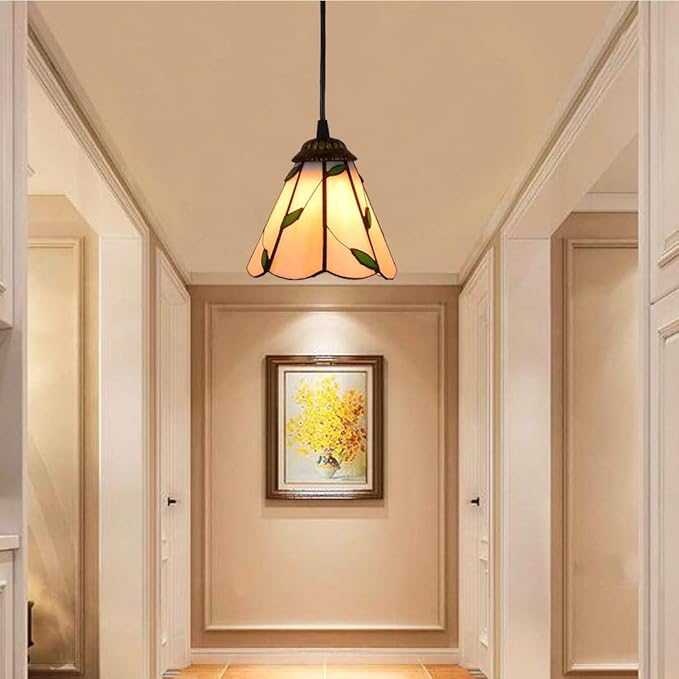 Tiffany Style Pendant Lamp 6 Inch Vintage Mini Stained Glass Green Leaves Shade E27 35 Inch High Pendant Light for Bedroom Living Room 110V-240V