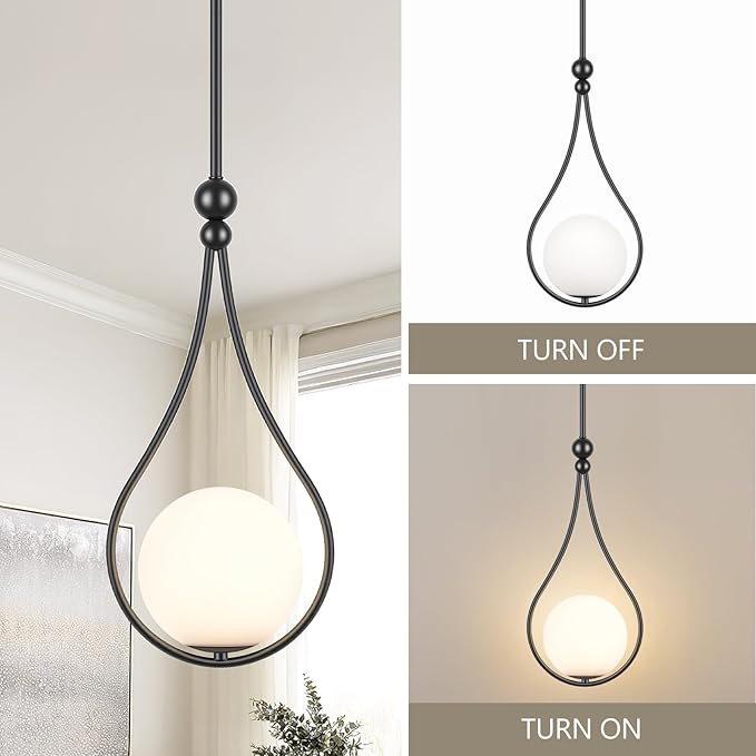 Black Pendant Lights with Milky White Globe Glass Pendant Lights Kitchen Island Adjustable Mid Century Hanging Pendant Light Fixtures for Kitchen Dining Room Entryway, 1 Pack