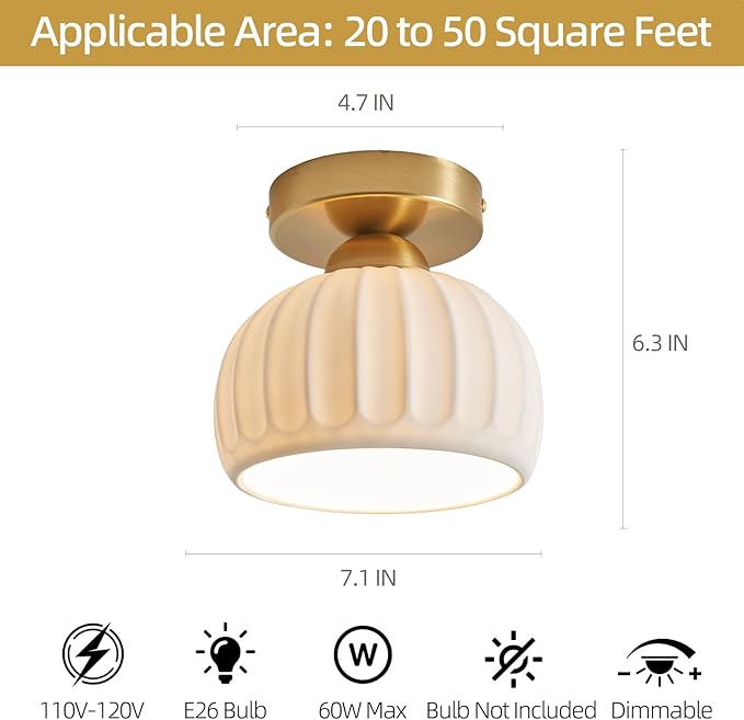 2 Pack Ceramic Gold Semi Flush Mount Ceiling Light Vintage Hallway Light Fixtures, Modern Small Ceiling Mount Light Lamp for Hall Kitchen Entryway Passway Porch Foyer