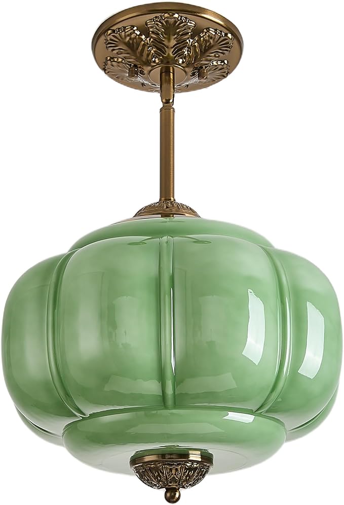 Green Milk Glass Ceiling Light Fixture, 15" Semi Flush Mount Pendant Light with Antique Brass Finish, Schoolhouse Light Fixture - Antique Chandelier for Kitchen, Hallway, Dining Room