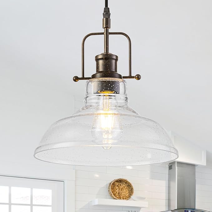 WILON Seeded Glass Pendant Lights,11 Inch Rust-Coloured Pendant Lights Kitchen Island with E26 Base Vintage Hanging Ceiling Lamp for Kitchen Sink Hallway Dining Room Entry Hall