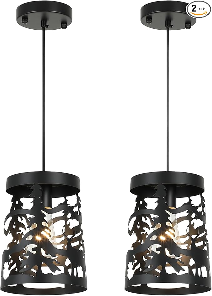 2 Pack Rustic Pendant Lights with Bear and Deer Design, 1-Light Black Round E26 Base Cage Metal Fixture Adjustable Hanging Height for Kitchen Island, Hallway, Dining Room, Foyer, Bedroom