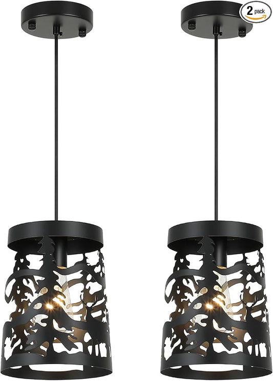 2 Pack Rustic Pendant Lights with Bear and Deer Design, 1-Light Black Round E26 Base Cage Metal Fixture Adjustable Hanging Height for Kitchen Island, Hallway, Dining Room, Foyer, Bedroom
