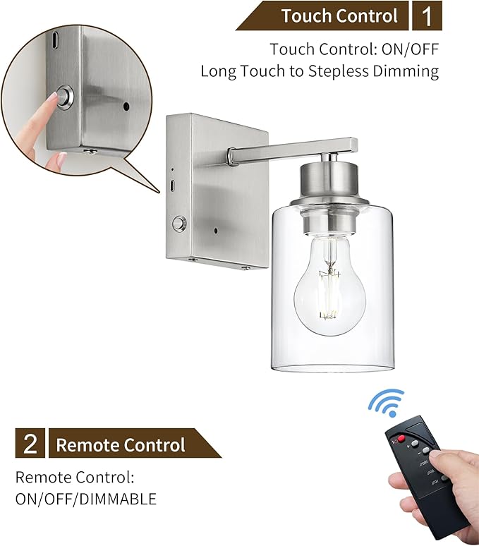 Rayogale Wireless Wall Sconces, Nickel Battery Operated Wall Sconce Set of 2 with Timer Function, Easy Install Dimmable Rechargeable Wall Lamps for Living Room, Bedroom, Hallway, Entryway Decor 3000K