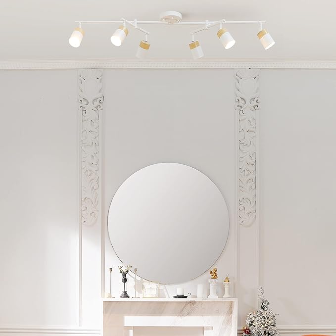 Globe Electric 64000055 42" 6-Light Track Lighting, Double Center Swivel Bar, Matte White, Wood Toned Accents, Ceiling Light, Pivot Shades, 6 Bulb, Kitchen Lights, GU10 Sockets