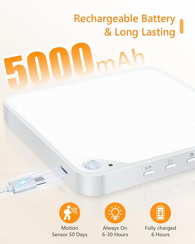 Rechargeable 8W Motion Sensor Ceiling Light Indoor, Wireless Magnetic Stick on Closet Light, Remote Control for Color & Brightness, Battery Operated Light for Shower, Bathroom, Pantry, Hallway, 1-Pack