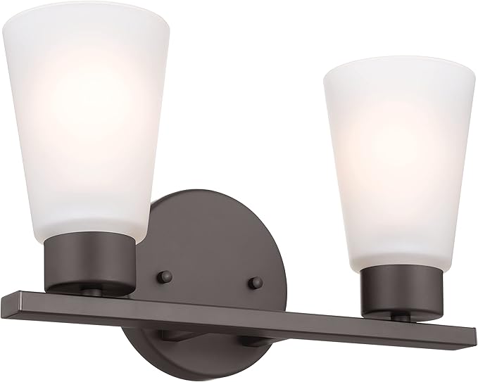 Kichler Stamos 2-Light Bathroom Vanity Light with Satch Etched Glass Shades, 13" Modern Wall Light in Olde Bronze®, (13" x 8" x 5")