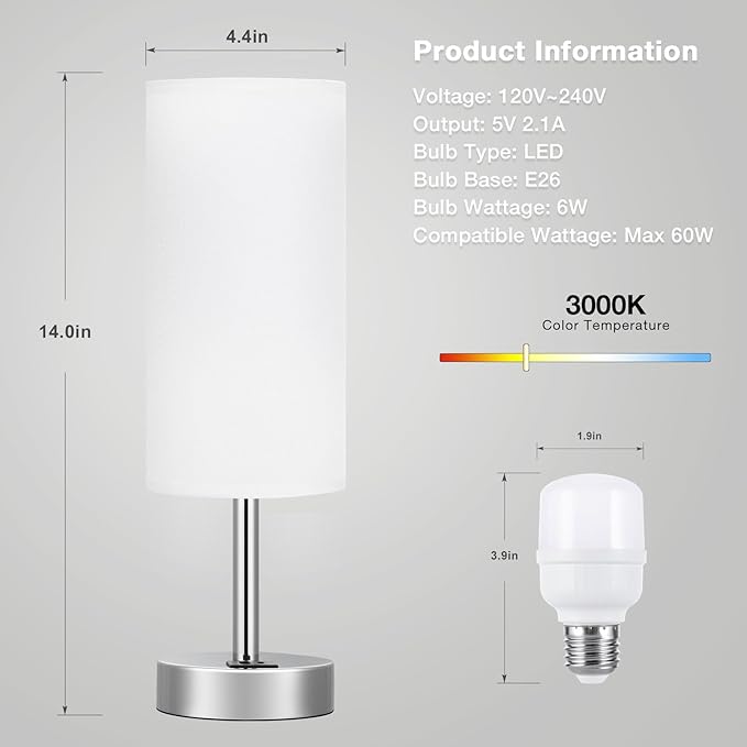 Dicoool White Bedside Touch Table Lamps for Bedroom Nightstand with USB-C USB-A Charging Ports White, 3 Way Dimmable Control Small Lamp Silver Base for Office, Living Room, Reading