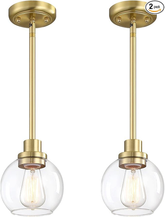gernehop 2 Pack Globe Pendant Light Gold Mid Century Modern Light Fixture, Clear Glass Pendant Lights Kitchen Island Pendant Lights Brushed Brass Finished with Clear Glass Lampshade