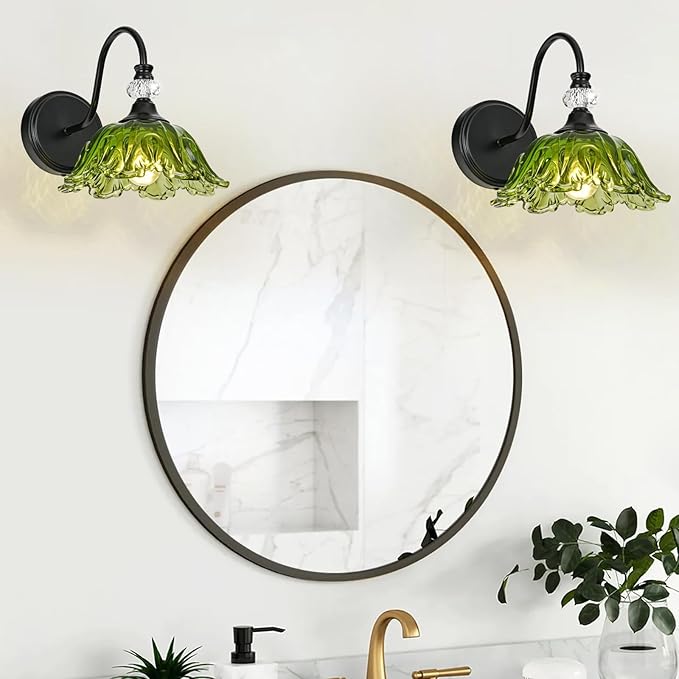 1 Piece Black Wall Sconce with Floral Green Glass Shade, Black Farmhouse Wall Mount Lighting for Bathroom,Vintage Bathroom Vanity Light Fixture