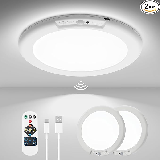 wowatt 2Pcs Battery Operated Ceiling Lights Rechargeable Motion Sensor Light Indoor Wireless Shower Light with Remote 3000K 4500K 6500K 7.48in Dimmable Timing Motion Activated Lamp for Closet Shower