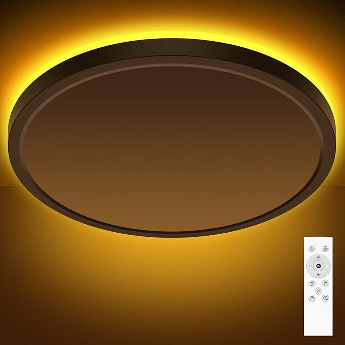 zemty 19 Inch LED Ceiling Lights with Night Light 1800K, 36W 3600lm Light Fixtures with Remote Control, 3000K-6500K Adjustable, Dimmable Low Profile Ceiling Lamp for Bedroom Dining Room Kitchen-Black