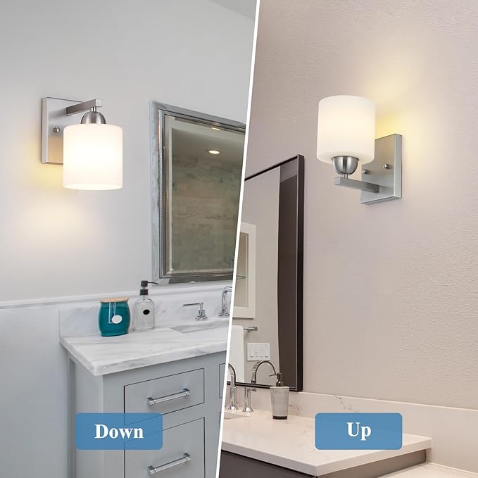 Mecgirn Brushed Nickel Milk Glass Wall Sconces, 1 Pack Hardwired Indoor Wall Light Fixtures for Living Room, Hallway, Bedroom, Ceramic E26 Sockets (Bulbs Not Included)