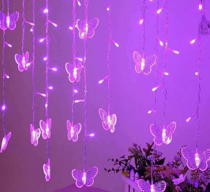 Lainin String Light 13FT 96LED USB Powered Curtain Light 16 Butterflies Strings 8 Mode Fairy Light Strip for Party Indoor Outdoor Room Garden Wall Wedding Christmas Xmas Decorations (Purple)