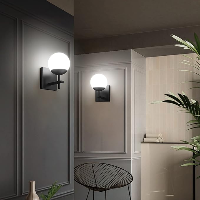 Ralbay Matte Black Wall Sconce, Mid Century Modern Black Wall Light Fixtures Milky Glass Indoor Wall Lamp for Home Decor Bathroom Kitchen Living Room Vanity Hallway, Black 1 Light (Exclude Bulb)