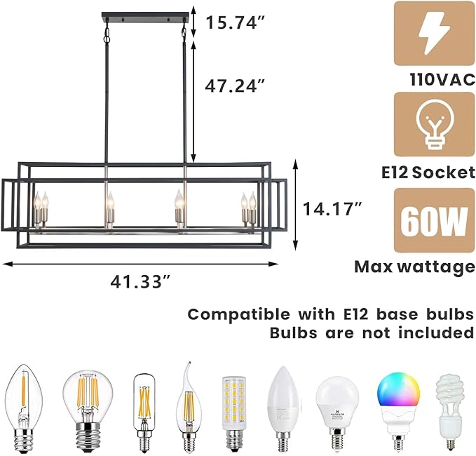 8-Light Kitchen Island Lighting, Black and Sliver Rectangle Chandeliers for Dining Room, Metal Farmhouse Dining Room Light Fixtures Over Table, Linear Chandelier with Brushed Nickel Socket