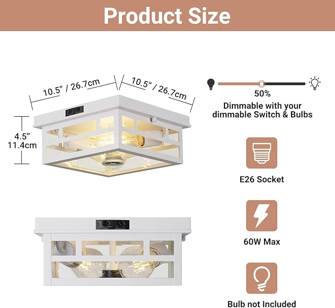 Outdoor Flush Mount Motion Sensor White Ceiling Light - Timeless Industrial Design with Seeded Clear Glass for Your Porch, Driveway, Covered Patio, Farmhouse, and Entryway