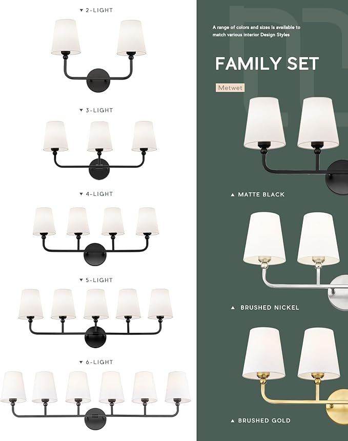 Bathroom Light Fixtures, 4 Light Matte Black Vanity Lights with Flared White Fabric Shade, 28 Inch Wall Sconce, Modern Sconces Wall Lighting for Hallway Bedroom, VL837-MB-4