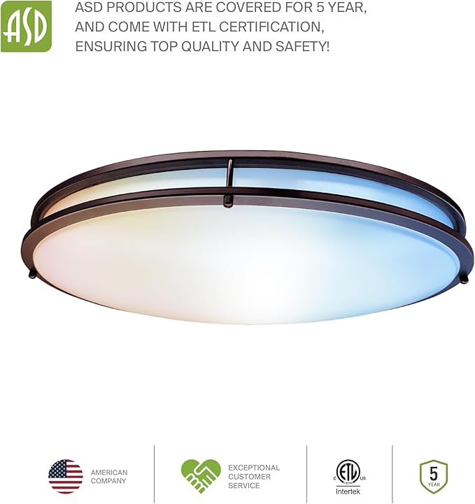 ASD LED 32" Oval Flush Mount Lighting, Close to Ceiling Light Fixture | 5CCT, Dimmable, ETL Listed | 50W 4195LM 2700-5000K 120V | Low Profile Double Ring Lamp | Dark Bronze